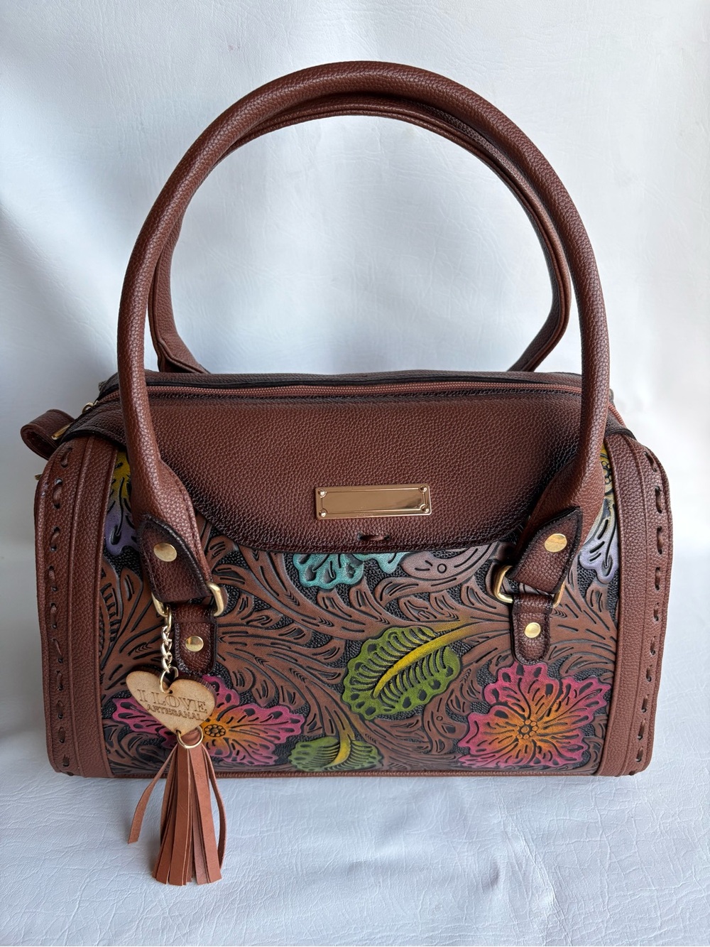 Artisanal Handmade Tooled Vegan Leather Satchel Brown handbag Women Floral